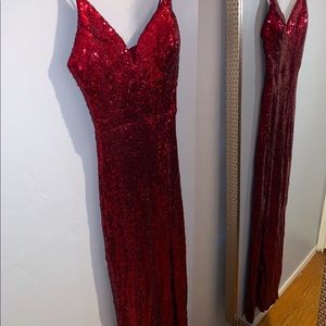 Burgundy Sequin -Long -Neck Plunge- Thigh Slit dress